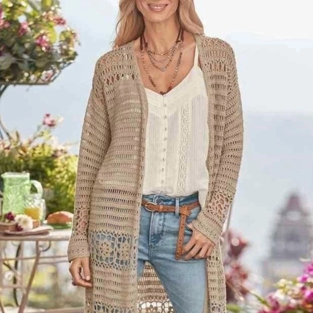 Sundance Catalog Tan Crocheted ‘Fosette’ Cardigan